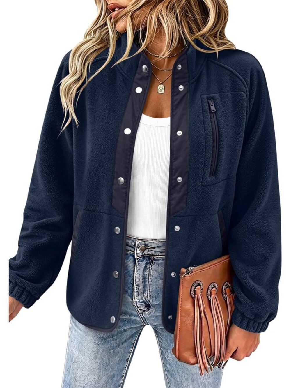 Women's Navy Winter Cuff Sleeve Western Aztec Print Snap Button Fleece Jacket - Picture 1 of 3